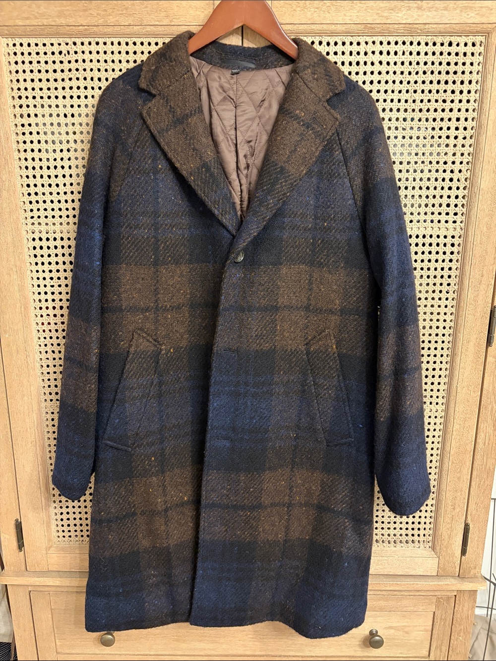 J. Crew 100% Wool Irish Donegal Brown and Navy Plaid Overcoat